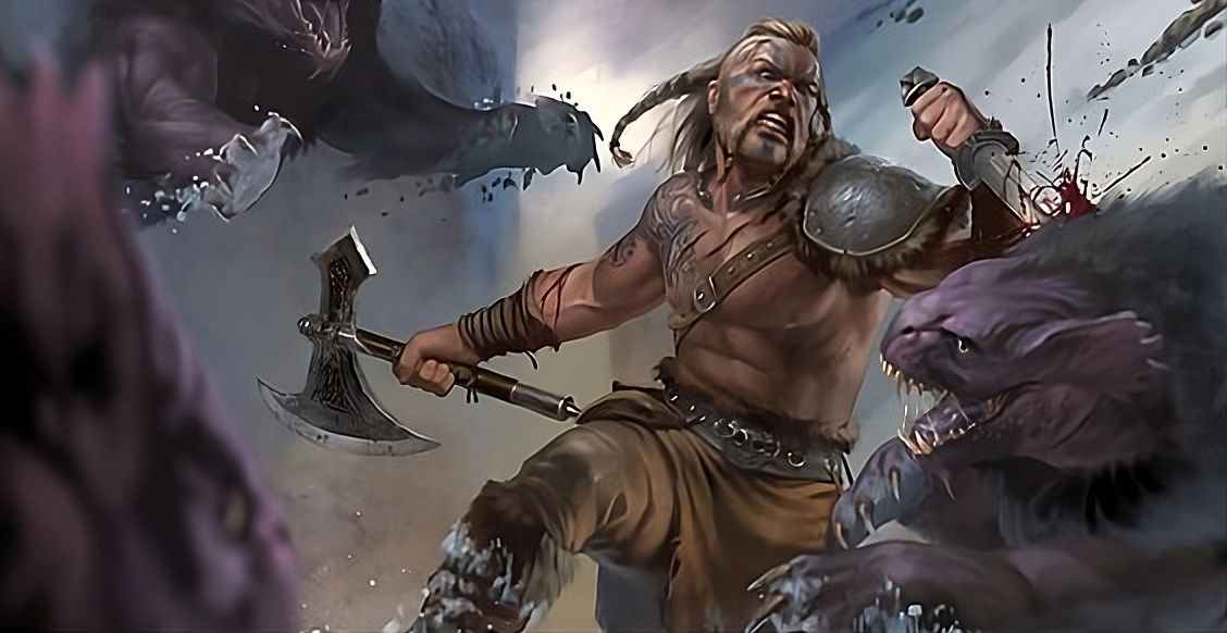Se ve a un vikingo rubio, sin pechera, con un hacha y una espada corta, lanzanodse contra tres bestias
