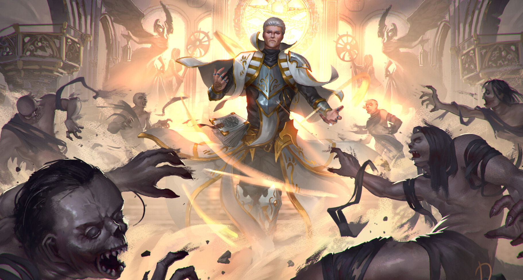 Podemos ver a una señora mayor ataviada con ropa de obispo, iluminando la zona y quemando a los zombies con su luz