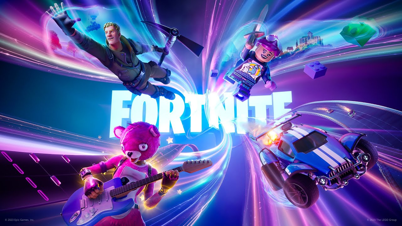 Es un fondo de Fortnite con un torbellino espacial en el medio con el logo de fortnite, absorviendo un coche estilo Rocket League, una figura de Lego, un personaje de Fornite y un oso de peluche rosa con guitarra