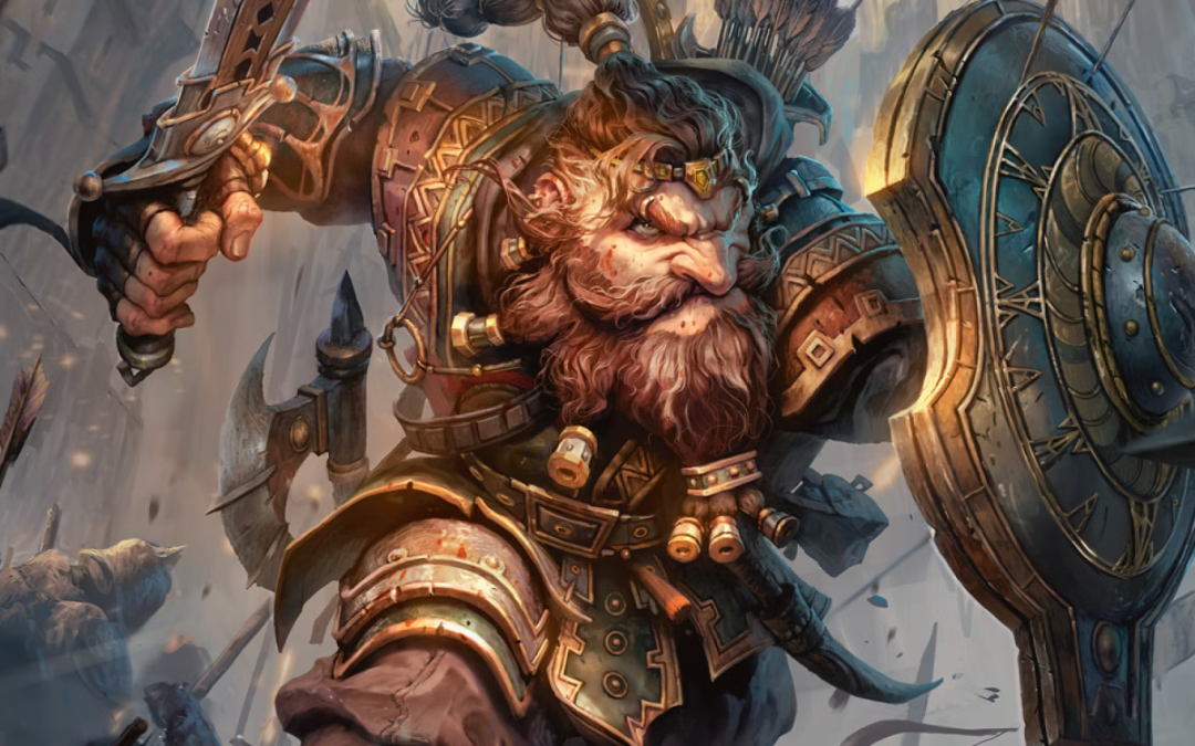 Se puede ver un enano con armadura completa, escudo y espada