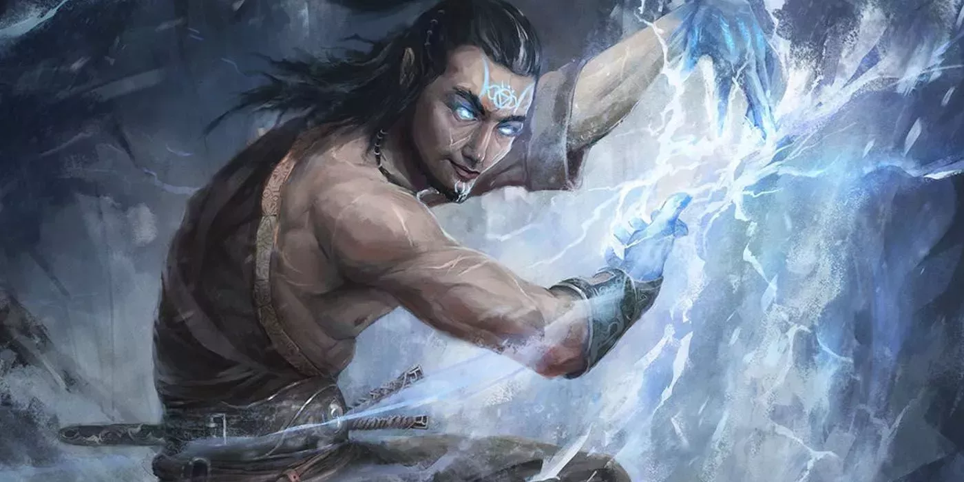 Se ve a un hombre a pecho descubierto, con runas alrededor del cuerpo haciendo un hechizo electrico