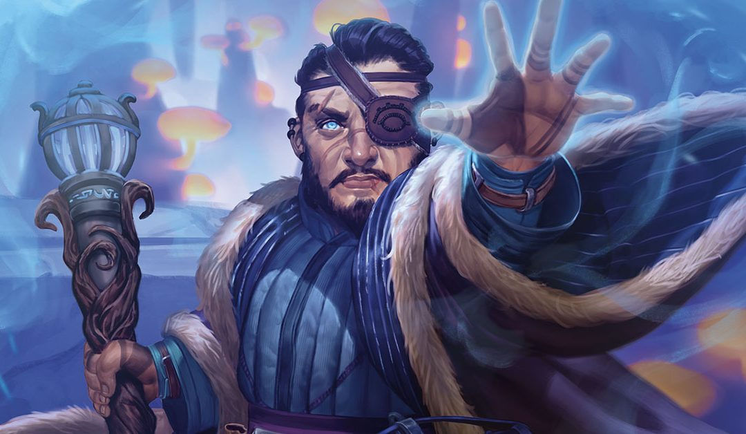 Se puede ver a un hombre con un parche y un báculo mirando al frente